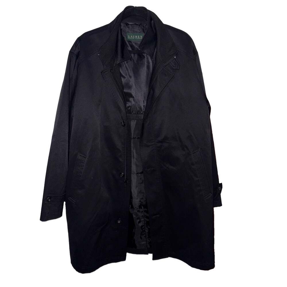 Lauren Ralph Lauren Mens L Black Raincoat Trench Overcoat Jacket Lined Classic